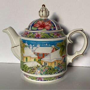 Vintage Sadler Teapot Kettle Bermuda Island Sailboats Tropical Floral Unused